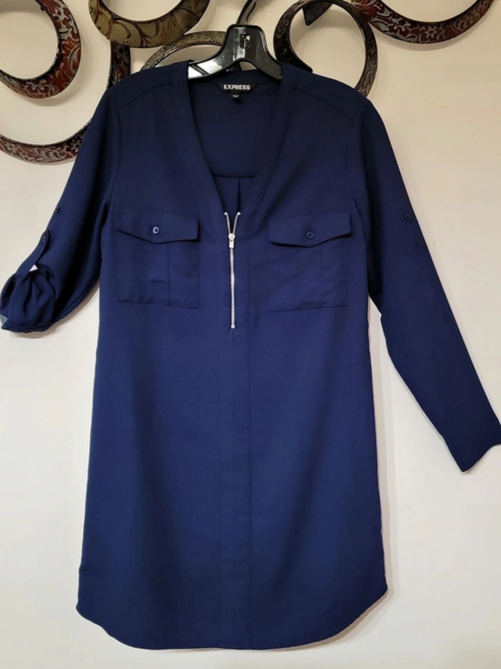 Express Blue Zip-Front Long Sleeve Utility Shirt Dress Mini Dress, Small